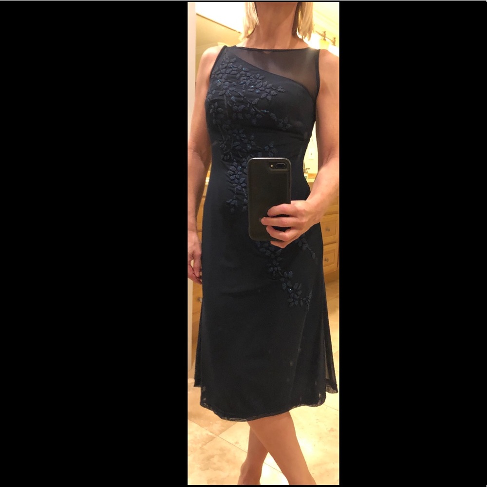 Cache navy mesh and beaded evening dress